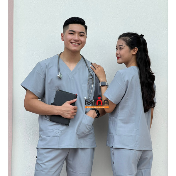 Bộ scrubs bác sĩ, quần áo y tế phẫu thuật - Màu xám lông chuột VẢI CO GIÃN